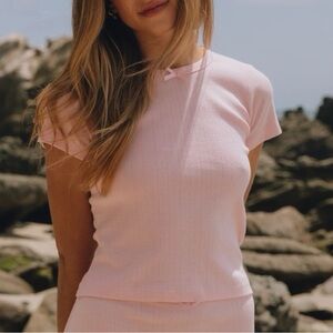 Daily Drills!!! XS/S Baby Pink Ribbed Pointelle Short Sleeve Top